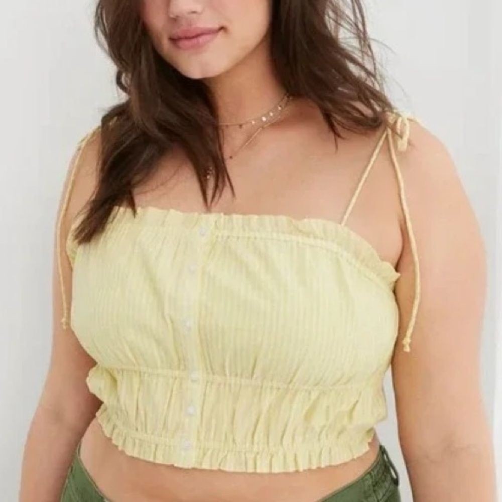 AERIE Woven Front Smocked Button 100% Cotton Tank Yellow Stripe Tie Strap Medium - Picture 2 of 12